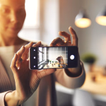 Eine Frau nimmt mit ihrem Smartphone ein Foto in einem modernen Büro auf.