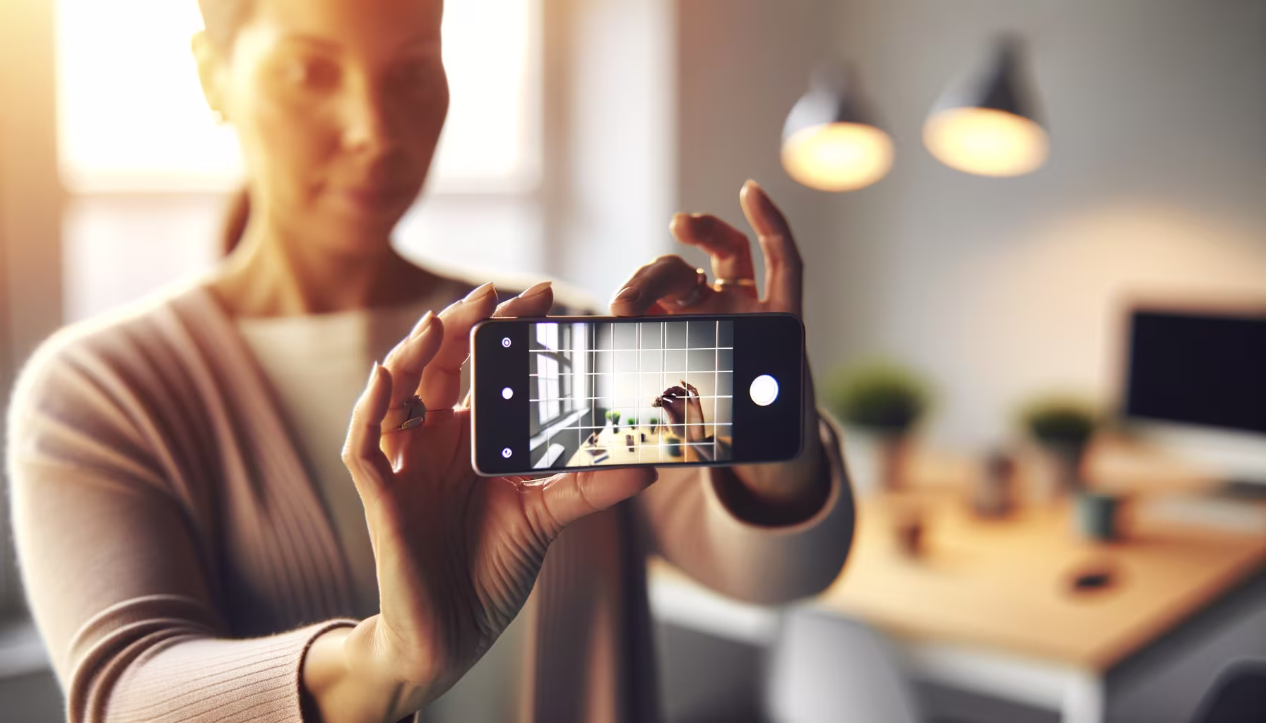 Eine Frau nimmt mit ihrem Smartphone ein Foto in einem modernen Büro auf.
