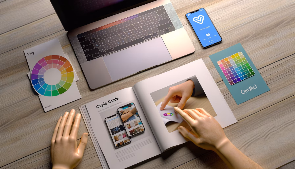 Ein Schreibtisch mit einem Laptop, Smartphone und verschiedenen Designmaterialien. Hände blättern durch ein offenes Buch, das App-Bildschirme und ein farbiges Designelement zeigt. Daneben liegen Farbräder und Farbfelder.