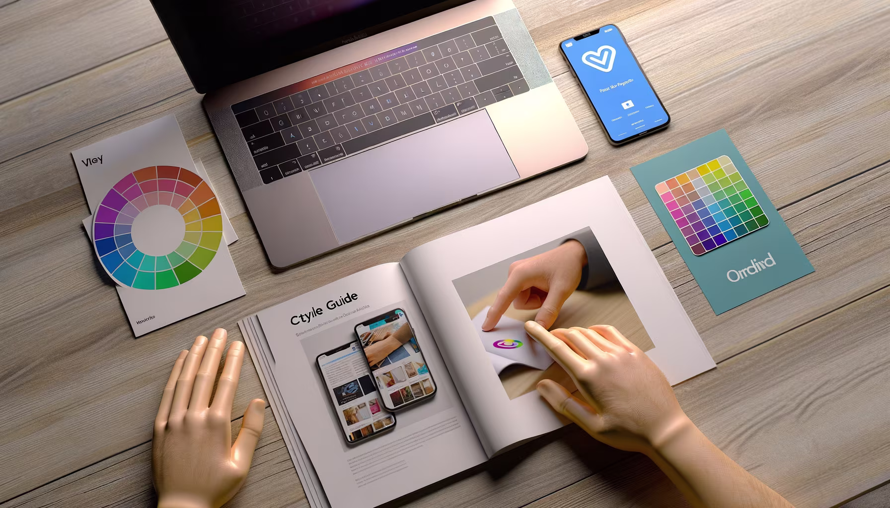 Ein Schreibtisch mit einem Laptop, Smartphone und verschiedenen Designmaterialien. Hände blättern durch ein offenes Buch, das App-Bildschirme und ein farbiges Designelement zeigt. Daneben liegen Farbräder und Farbfelder.