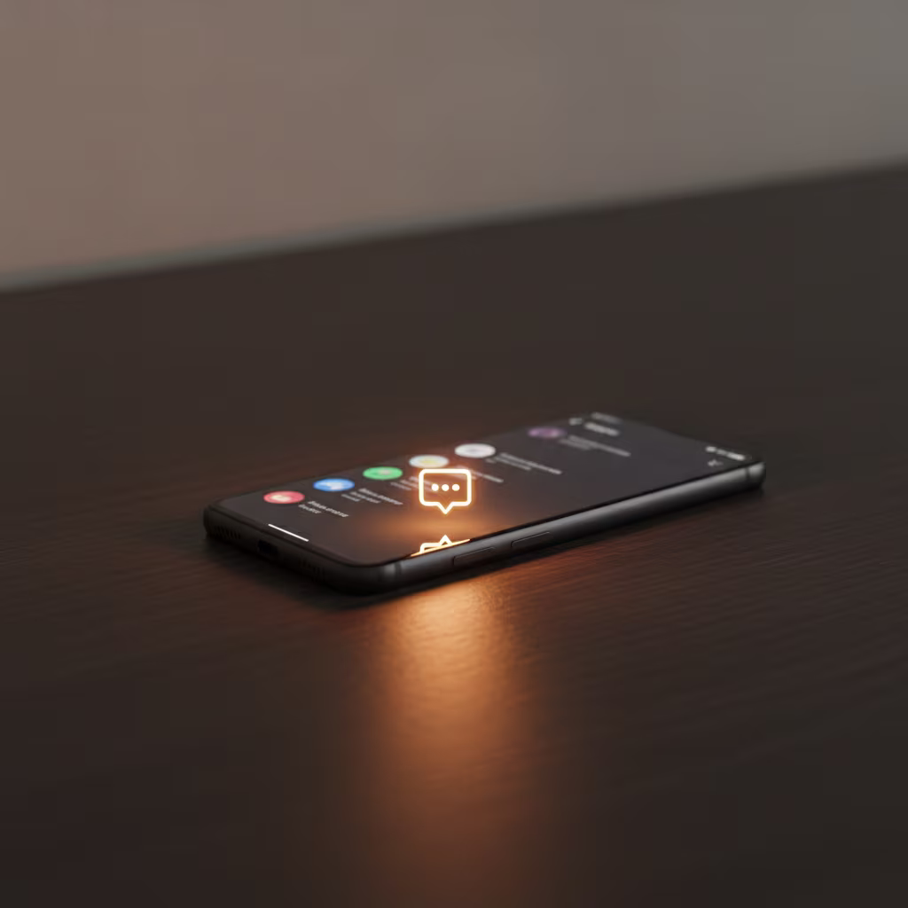Smartphone auf einer dunklen Oberfläche mit einem leuchtenden Nachrichten-Icon auf dem Bildschirm, das ein warmes Licht auf den Tisch wirft.
