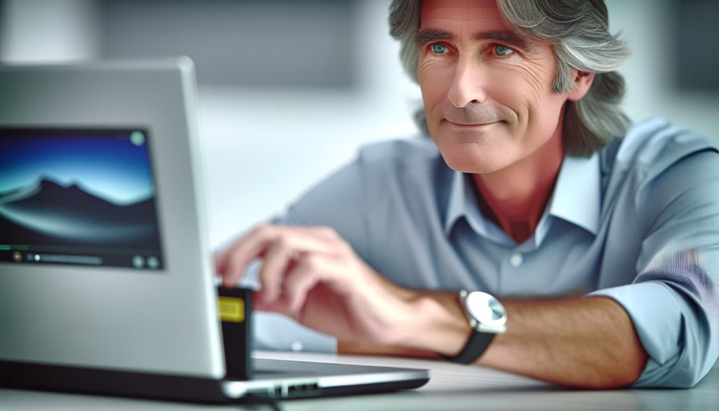 Ein Mann mit grauem Haar und blauem Hemd blickt mit einem leichten Lächeln aufmerksam auf einen Laptop, der eine Gebirgslandschaft auf dem Bildschirm zeigt.