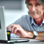 Ein Mann mit grauem Haar und blauem Hemd blickt mit einem leichten Lächeln aufmerksam auf einen Laptop, der eine Gebirgslandschaft auf dem Bildschirm zeigt.
