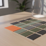 Eine Reihe von Farbmusterkarten auf einem Holztisch, mit einer einzelnen leuchtend orangefarbenen Karte, die aus einer Palette von Olivgrün- und Grautönen hervorsticht.