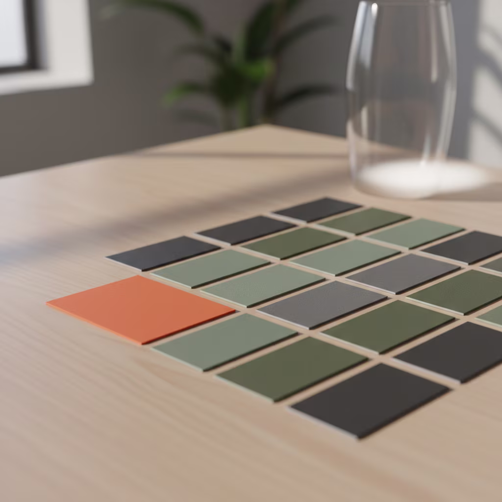 Eine Reihe von Farbmusterkarten auf einem Holztisch, mit einer einzelnen leuchtend orangefarbenen Karte, die aus einer Palette von Olivgrün- und Grautönen hervorsticht.