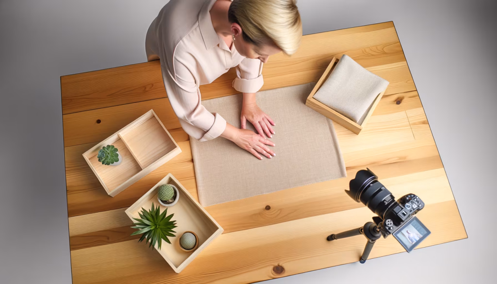 Eine Frau richtet Deko-Elemente wie Stoffe und Sukkulenten auf einem Holztisch ein, während eine Kamera auf einem Stativ die Szene filmt.