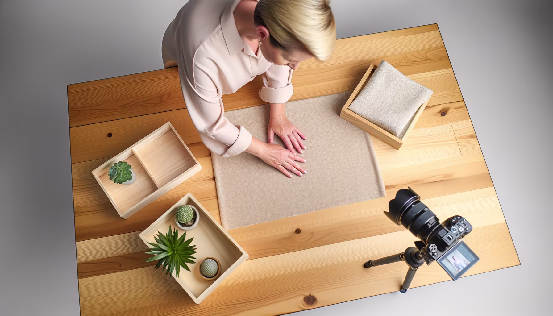 Eine Frau richtet Deko-Elemente wie Stoffe und Sukkulenten auf einem Holztisch ein, während eine Kamera auf einem Stativ die Szene filmt.