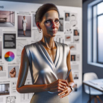 Eine elegant gekleidete Frau steht vor einer großen Präsentationstafel, die mit Bildern, Designkonzepten und Notizen zum Thema „DREAMING“ gefüllt ist. Sie hält einen Stift in der Hand und blickt nachdenklich in die Ferne, während sie über Ideen und Visionen nachsinnt. Im Hintergrund ist ein modernes Büro mit großen Fenstern zu sehen, das eine helle und inspirierende Atmosphäre schafft. --- **Alternativtext:** Eine nachdenkliche Frau in einem hellen, eleganten Oberteil steht vor einem großen, mit zahlreichen Designkonzepten und Bildern gefüllten Whiteboard. Sie hält einen Stift und blickt mit konzentriertem Ausdruck in die Ferne, während im Hintergrund ein helles Büro durch große Fenster sichtbar ist.