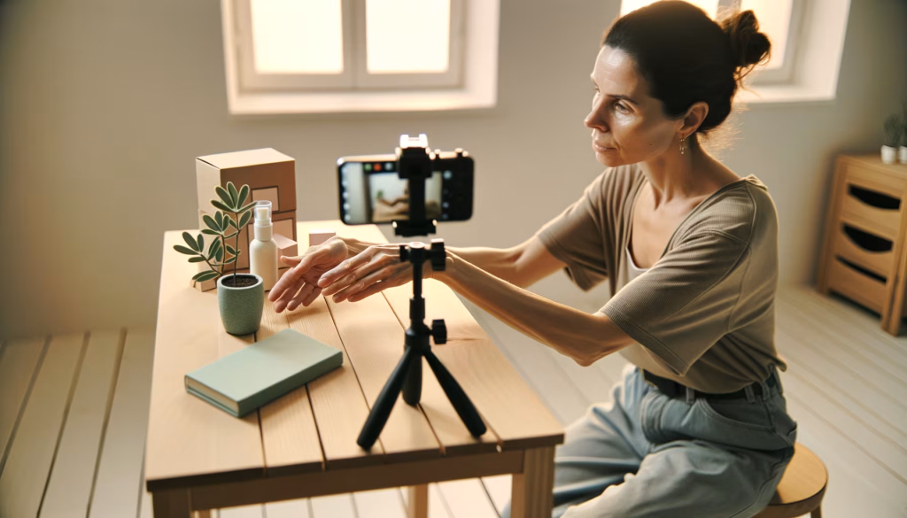 Eine Frau sitzt an einem Tisch und nimmt mit einem Smartphone auf einem Stativ ein Video auf, wobei sie Produkte und eine Pflanze präsentiert.