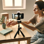 Eine Frau sitzt an einem Tisch und nimmt mit einem Smartphone auf einem Stativ ein Video auf, wobei sie Produkte und eine Pflanze präsentiert.