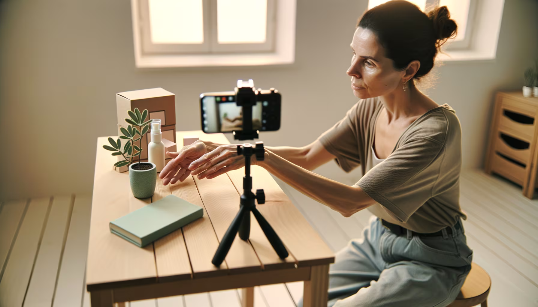 Eine Frau sitzt an einem Tisch und nimmt mit einem Smartphone auf einem Stativ ein Video auf, wobei sie Produkte und eine Pflanze präsentiert.