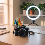 Ein optimal eingerichteter Arbeitsplatz für Kreative: Auf einem hellen Holzschreibtisch liegt eine leistungsstarke Kamera, bereit für die nächste Aufnahme. Daneben steht ein leuchtendes Ringlicht auf einem kleinen Stativ, das für ideale Beleuchtung sorgt. Im Hintergrund fällt warmes Licht durch ein Fenster, während Pflanzen auf einem Regal und eine farbenfrohe, geometrische Skulptur die Szene beleben. Dieses sorgfältig arrangierte Setup ist perfekt für Fotografen, Videografen und Content Creator, die eine inspirierende und produktive Umgebung für ihre Projekte suchen. Alternativtext: Eine schwarze Kamera mit Objektiv liegt auf einem hellen Holzschreibtisch. Im Hintergrund leuchtet ein Ringlicht auf einem Stativ, daneben steht eine bunte, geometrische Skulptur und es sind Pflanzen auf einem Regal sowie ein Fenster mit Sonnenlicht zu sehen. Die Szene zeigt einen aufgeräumten Arbeitsplatz für Fotografie oder Videografie.