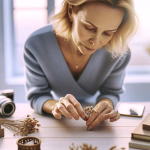 Eine Frau mit blondem Haar platziert sorgfältig kleine getrocknete Pflanzen auf einem Holztisch, umgeben von Schachteln, Notizbüchern und einer Kamera, was eine kreative Tätigkeit oder ein Handwerksprojekt darstellt.