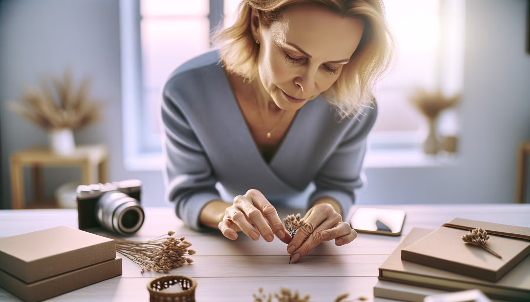 Eine Frau mit blondem Haar platziert sorgfältig kleine getrocknete Pflanzen auf einem Holztisch, umgeben von Schachteln, Notizbüchern und einer Kamera, was eine kreative Tätigkeit oder ein Handwerksprojekt darstellt.