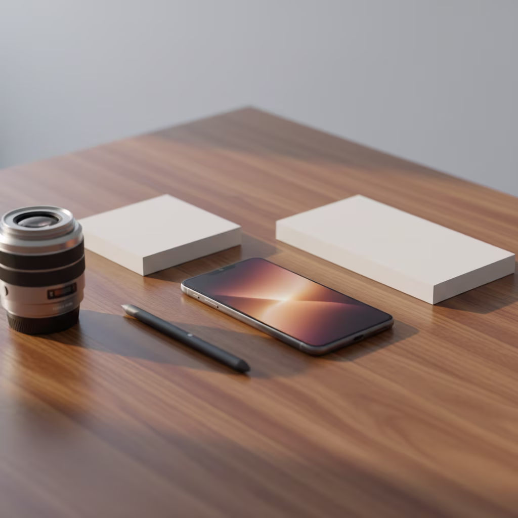 Ein Kamerobjektiv, ein Stylus und ein Smartphone mit hellem Display auf einem Holztisch, daneben zwei helle, rechteckige Blöcke.