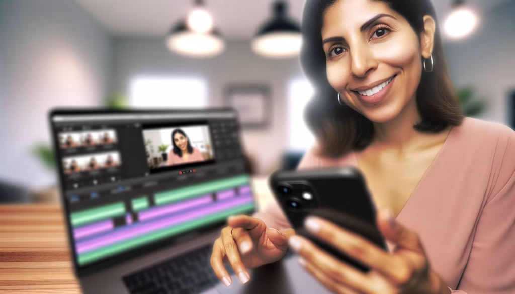 Eine lächelnde Frau hält ein Smartphone, während ein Laptop vor ihr ein Videobearbeitungsprogramm mit Clips einer Frau anzeigt.