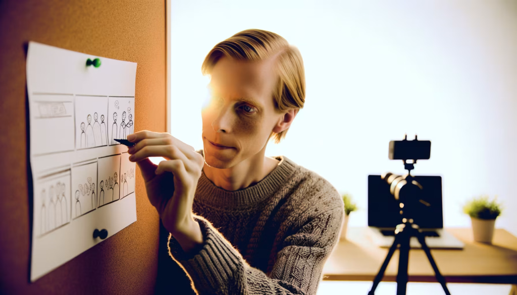 Eine Person zeichnet auf ein Storyboard, das an einer Korkwand befestigt ist, wobei helles Sonnenlicht ihr Gesicht beleuchtet und eine Kameraausrüstung im unscharfen Hintergrund zu sehen ist.