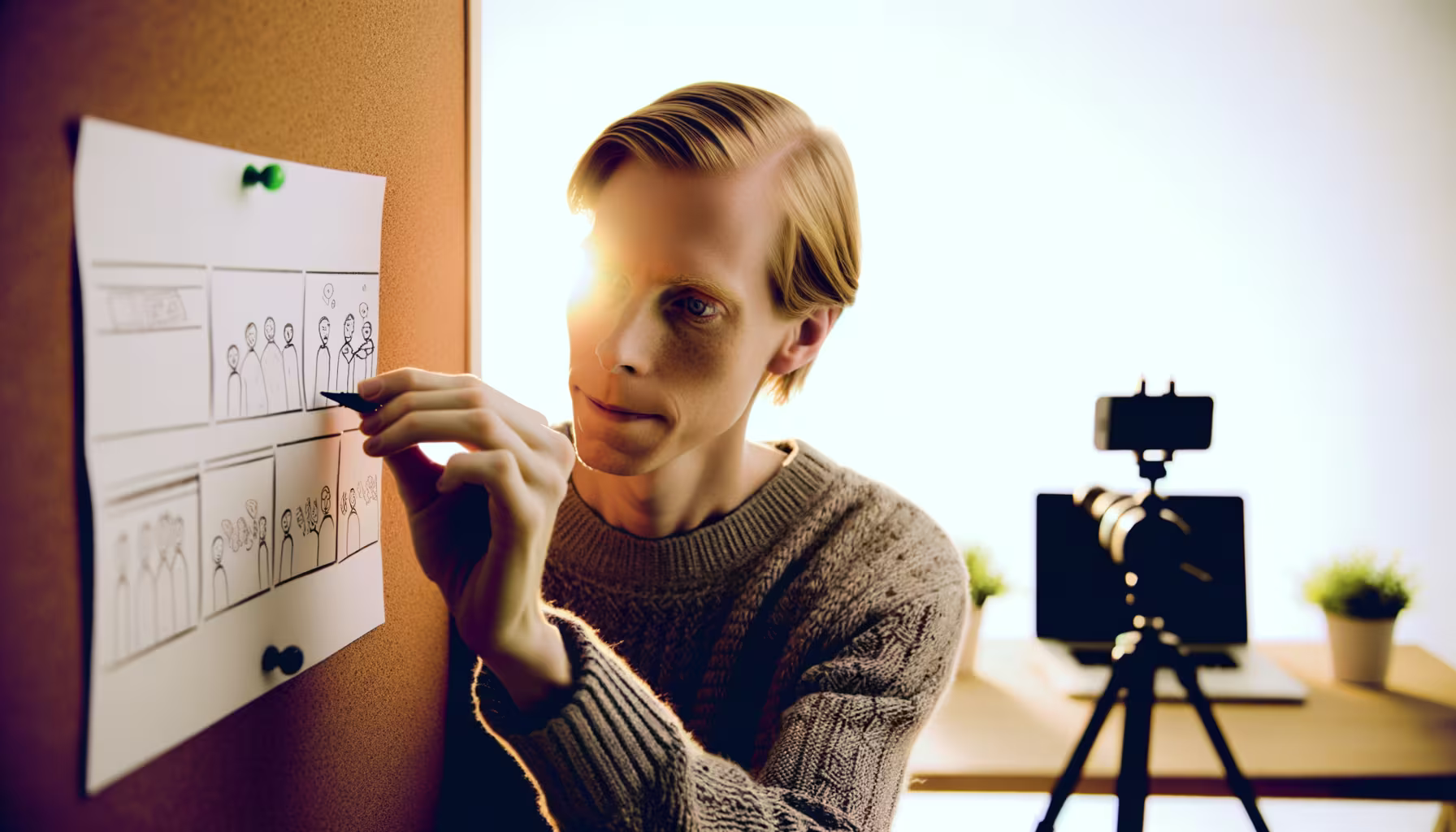 Eine Person zeichnet auf ein Storyboard, das an einer Korkwand befestigt ist, wobei helles Sonnenlicht ihr Gesicht beleuchtet und eine Kameraausrüstung im unscharfen Hintergrund zu sehen ist.