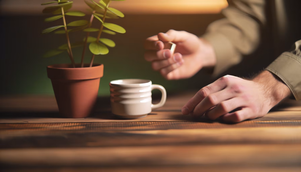 Nahaufnahme von Händen an einem Holztisch, auf dem eine kleine Topfpflanze und eine Keramiktasse stehen. Eine Hand hält ein kleines, helles Objekt, während die andere auf dem Tisch ruht.