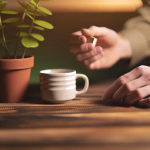 Nahaufnahme von Händen an einem Holztisch, auf dem eine kleine Topfpflanze und eine Keramiktasse stehen. Eine Hand hält ein kleines, helles Objekt, während die andere auf dem Tisch ruht.