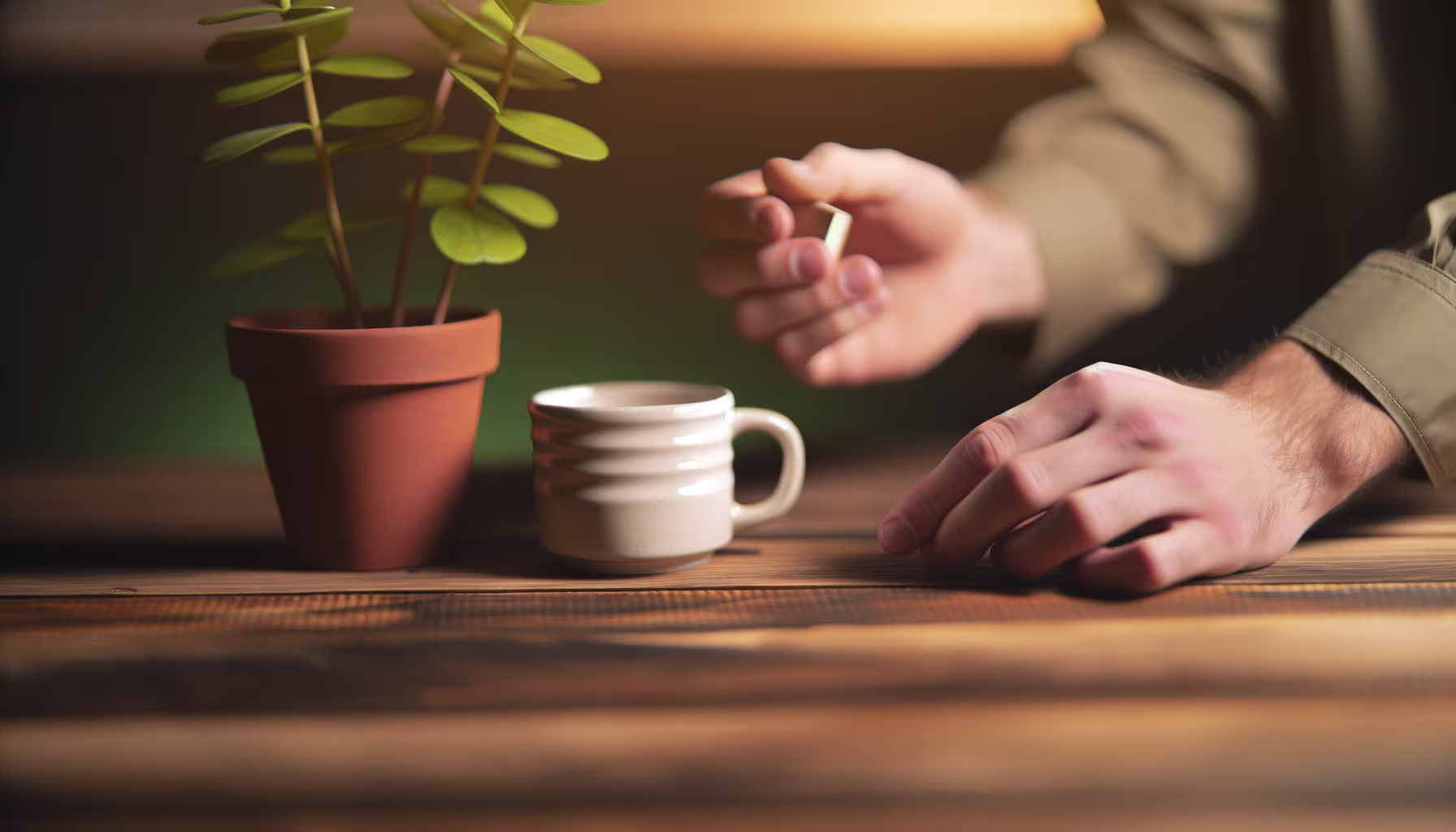 Nahaufnahme von Händen an einem Holztisch, auf dem eine kleine Topfpflanze und eine Keramiktasse stehen. Eine Hand hält ein kleines, helles Objekt, während die andere auf dem Tisch ruht.