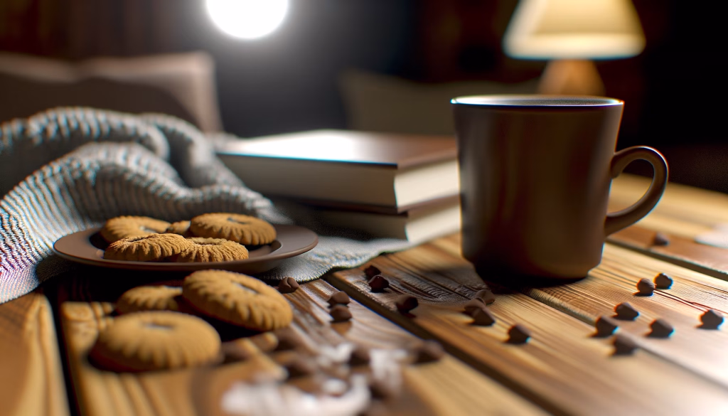 Ein gemütliches Arrangement mit einer Tasse, einem Teller voller Kekse und Schokostückchen auf einem Holztisch, im Hintergrund Bücher und eine Decke.