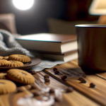 Ein gemütliches Arrangement mit einer Tasse, einem Teller voller Kekse und Schokostückchen auf einem Holztisch, im Hintergrund Bücher und eine Decke.