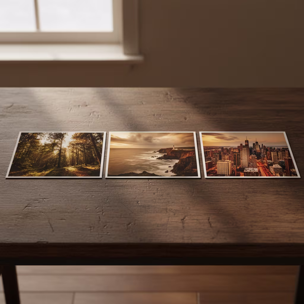 Drei Fotos liegen nebeneinander auf einem Holztisch, die von links nach rechts einen sonnigen Wald mit Lichtstrahlen, eine felsige Küstenlandschaft mit Leuchtturm bei Dämmerung und eine beleuchtete Stadt bei Nacht zeigen.