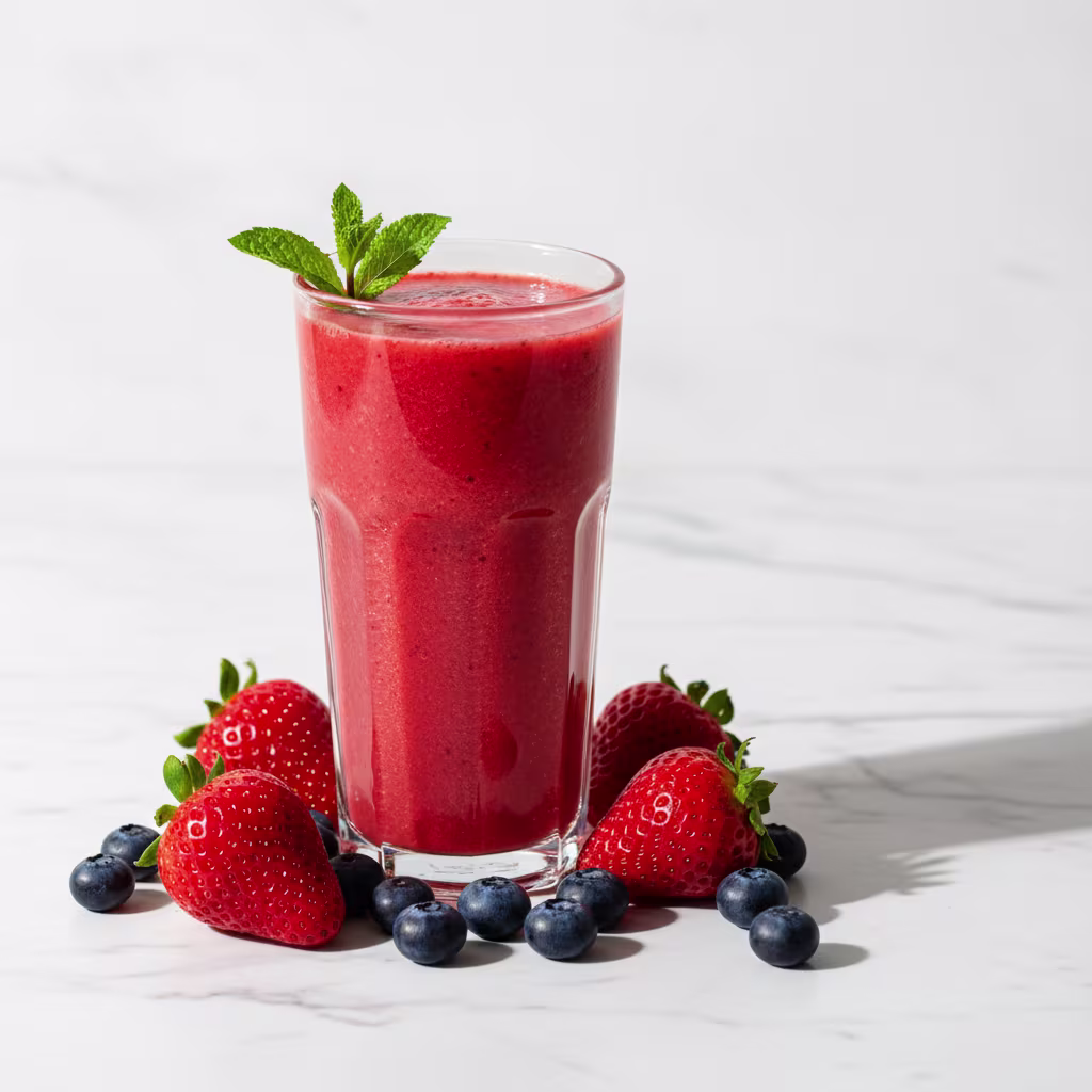 Ein Glas mit rotem Beerensmoothie, garniert mit Minze, umgeben von frischen Erdbeeren und Heidelbeeren auf einer weißen Marmoroberfläche.
