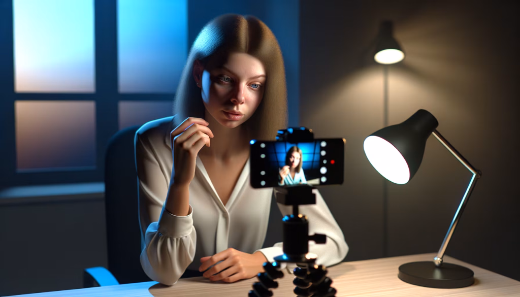 Junge Frau filmt sich selbst an einem Schreibtisch mit einem auf einem Stativ montierten Smartphone.