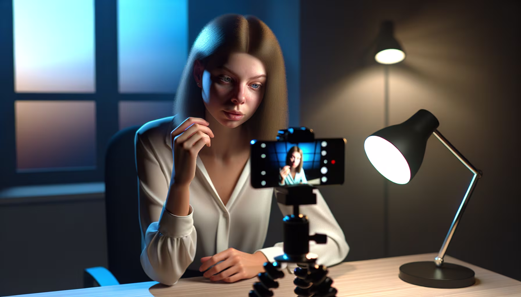 Junge Frau filmt sich selbst an einem Schreibtisch mit einem auf einem Stativ montierten Smartphone.