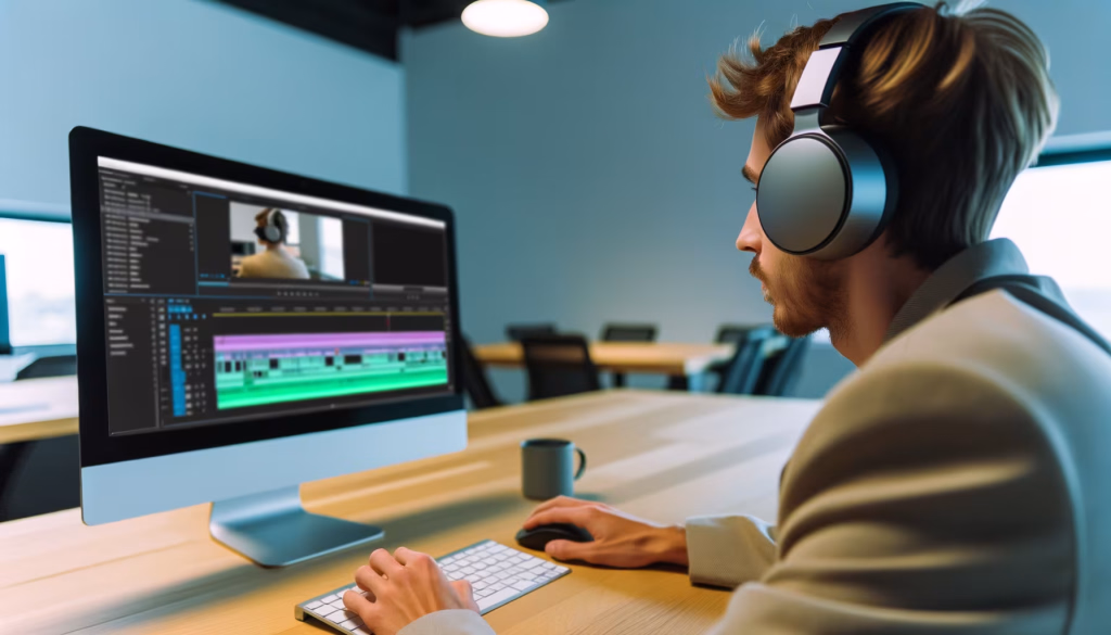 Ein Mann mit Kopfhörern arbeitet konzentriert an einem Computerbildschirm, der eine Videobearbeitungssoftware mit Zeitleisten und einem Videovorschaufenster anzeigt.