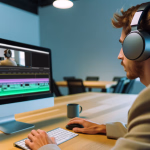 Ein Mann mit Kopfhörern arbeitet konzentriert an einem Computerbildschirm, der eine Videobearbeitungssoftware mit Zeitleisten und einem Videovorschaufenster anzeigt.