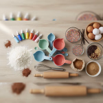 Zutaten und Utensilien zum Backen, darunter Mehl, Lebensmittelfarben, Messbecher, Eier, Streusel und Schokolade, auf einem Holztisch ausgebreitet.