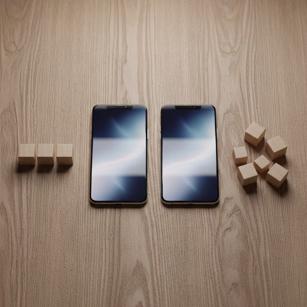 **Vorgeschlagener Text:** Entdecke die feinen Unterschiede zwischen zwei Smartphone-Optionen. Während die eine Seite auf drei solide Grundprinzipien setzt, bietet die andere erweiterte Möglichkeiten mit fünf flexiblen Bausteinen. Welcher Ansatz passt besser zu deinen Bedürfnissen? --- **Alternativtext:** Zwei Smartphones mit hellen Bildschirmen liegen nebeneinander auf einem Holztisch, flankiert von kleinen Holzwürfeln: drei in einer Reihe links und fünf verstreut rechts.