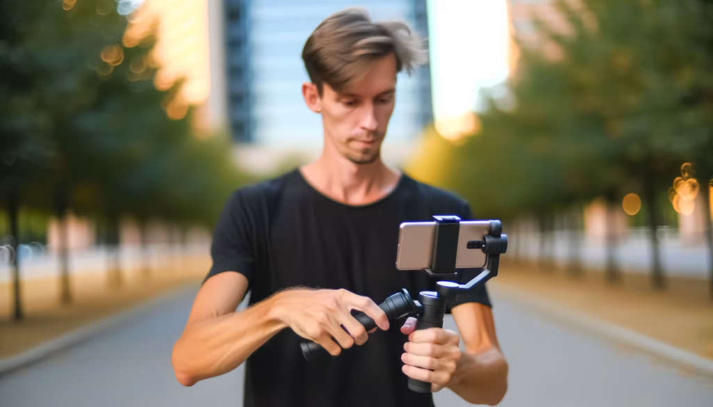 Ein junger Mann in einem schwarzen T-Shirt hält ein Smartphone auf einem Gimbal-Stabilisator und bereitet sich im Freien auf Videoaufnahmen vor.