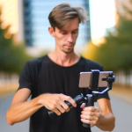 Ein junger Mann in einem schwarzen T-Shirt hält ein Smartphone auf einem Gimbal-Stabilisator und bereitet sich im Freien auf Videoaufnahmen vor.