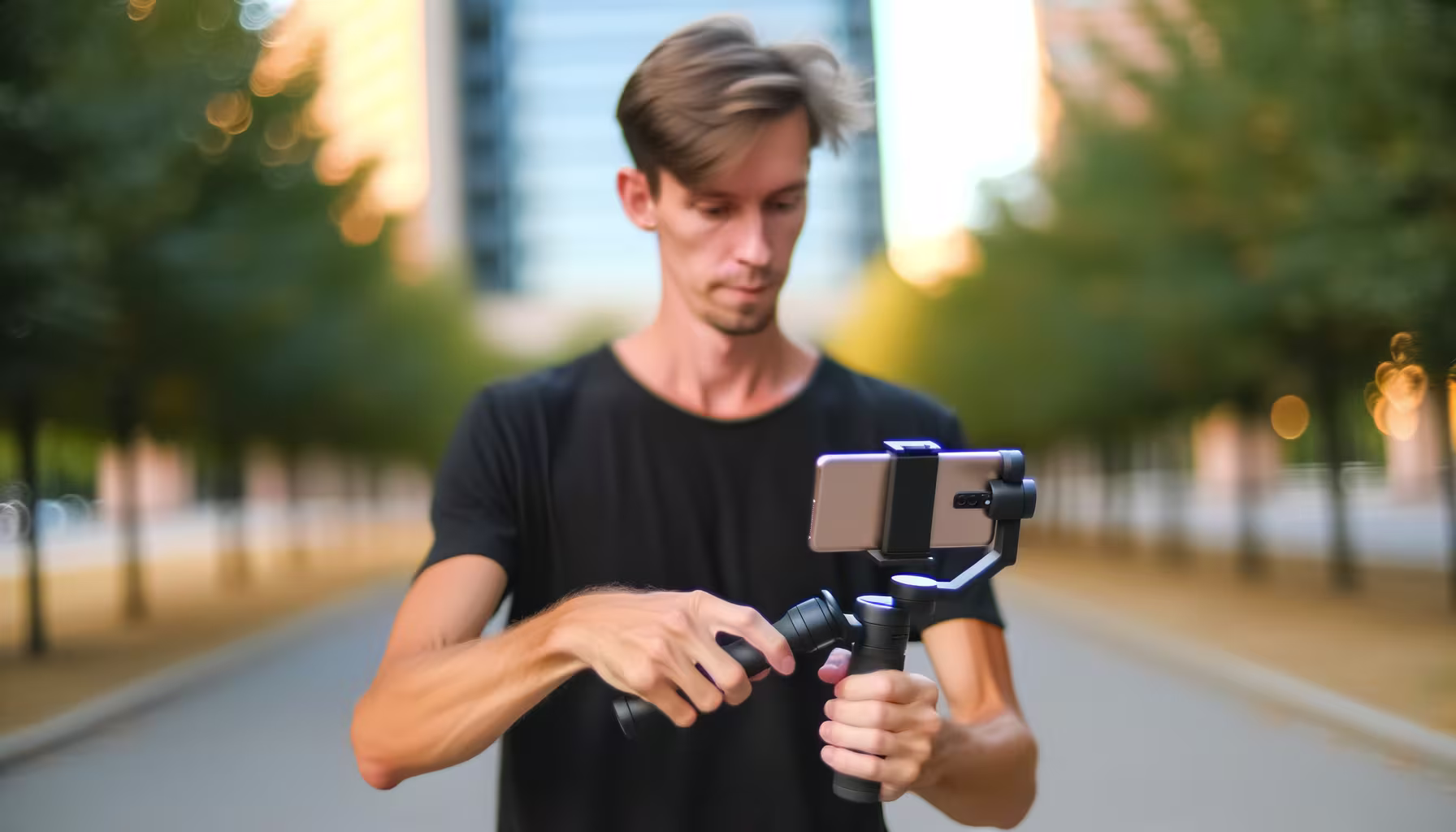 Ein junger Mann in einem schwarzen T-Shirt hält ein Smartphone auf einem Gimbal-Stabilisator und bereitet sich im Freien auf Videoaufnahmen vor.