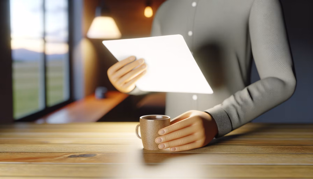 Eine Person hält ein Tablet, während eine Tasse auf einem Holztisch davor steht und ein unscharfer Fensterblick im Hintergrund zu sehen ist.