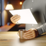 Eine Person hält ein Tablet, während eine Tasse auf einem Holztisch davor steht und ein unscharfer Fensterblick im Hintergrund zu sehen ist.