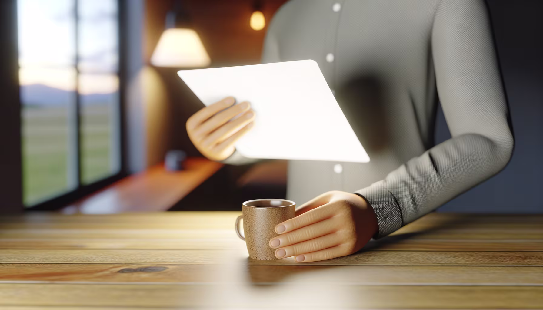 Eine Person hält ein Tablet, während eine Tasse auf einem Holztisch davor steht und ein unscharfer Fensterblick im Hintergrund zu sehen ist.