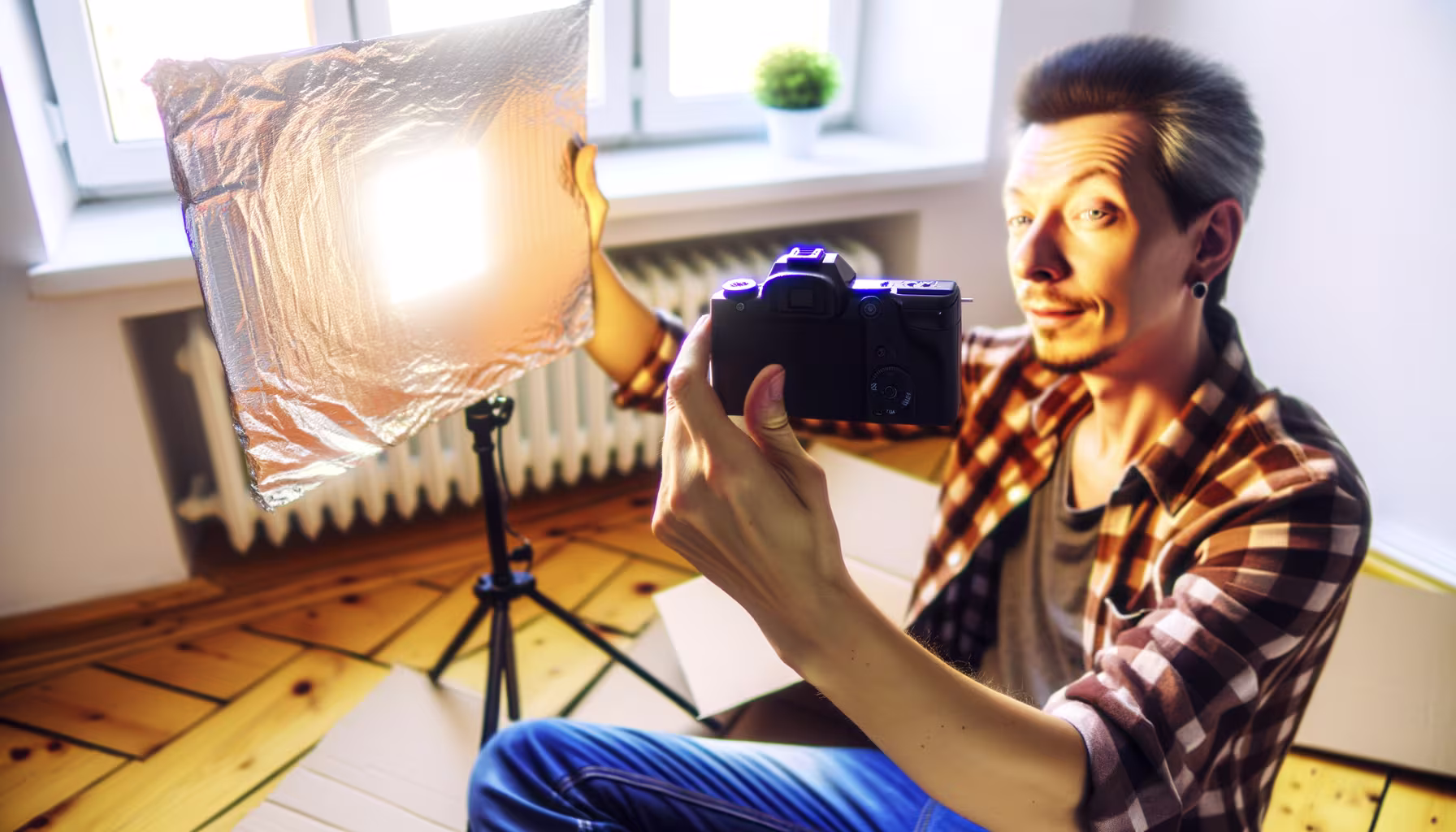 Ein Mann bereitet eine Fotosession mit einer Kamera und einer beleuchteten Softbox vor.