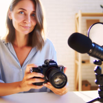 Eine junge Frau sitzt lächelnd an einem Schreibtisch und hält eine professionelle Kamera. Neben ihr steht ein Mikrofon, was darauf hindeutet, dass sie als Content-Erstellerin oder Vloggerin aktiv ist und bereit ist, neue Inhalte zu produzieren. **Alternativtext:** Eine lächelnde Frau hält eine schwarze Kamera vor sich, während ein Mikrofon auf einem Ständer neben ihr platziert ist. Das Bild vermittelt den Eindruck einer Content-Erstellerin oder Vloggerin, die bereit ist, Inhalte zu produzieren.