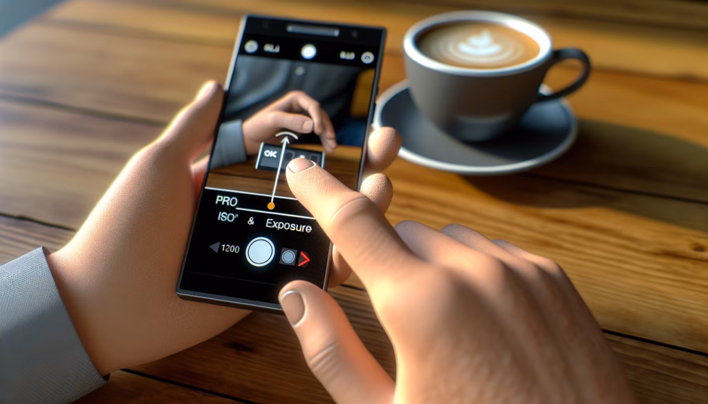 Eine Person passt mit ihren Fingern die Kameraeinstellungen auf einem Smartphone an, das sie hält. Daneben steht eine Tasse Kaffee auf einem Holztisch.