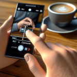 Eine Person passt mit ihren Fingern die Kameraeinstellungen auf einem Smartphone an, das sie hält. Daneben steht eine Tasse Kaffee auf einem Holztisch.