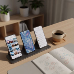 Ein aufgeräumter Schreibtisch mit drei Smartphones auf einer gemeinsamen Halterung, daneben eine Kaffeetasse und ein geöffnetes Notizbuch mit Diagrammen.