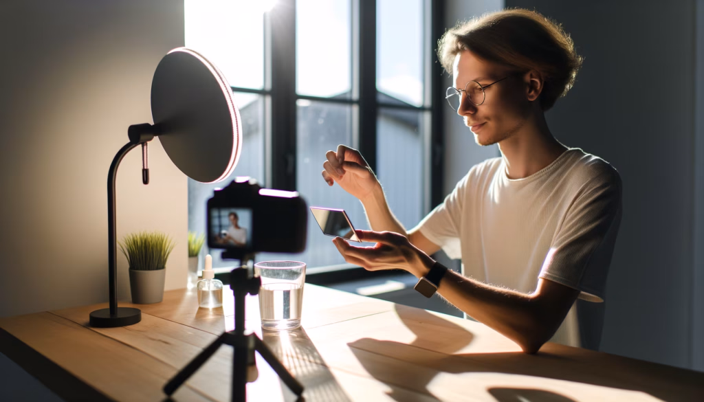 Ein junger Mann mit Brille sitzt an einem Holztisch, hält einen kleinen Spiegel und filmt sich mit einer Kamera und einem Ringlicht. Das Bild zeigt ihn beim Erstellen von Videoinhalten, möglicherweise für einen Blog oder Vlog, mit Sonnenlicht, das durch ein Fenster fällt.