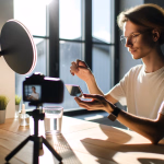 Ein junger Mann mit Brille sitzt an einem Holztisch, hält einen kleinen Spiegel und filmt sich mit einer Kamera und einem Ringlicht. Das Bild zeigt ihn beim Erstellen von Videoinhalten, möglicherweise für einen Blog oder Vlog, mit Sonnenlicht, das durch ein Fenster fällt.