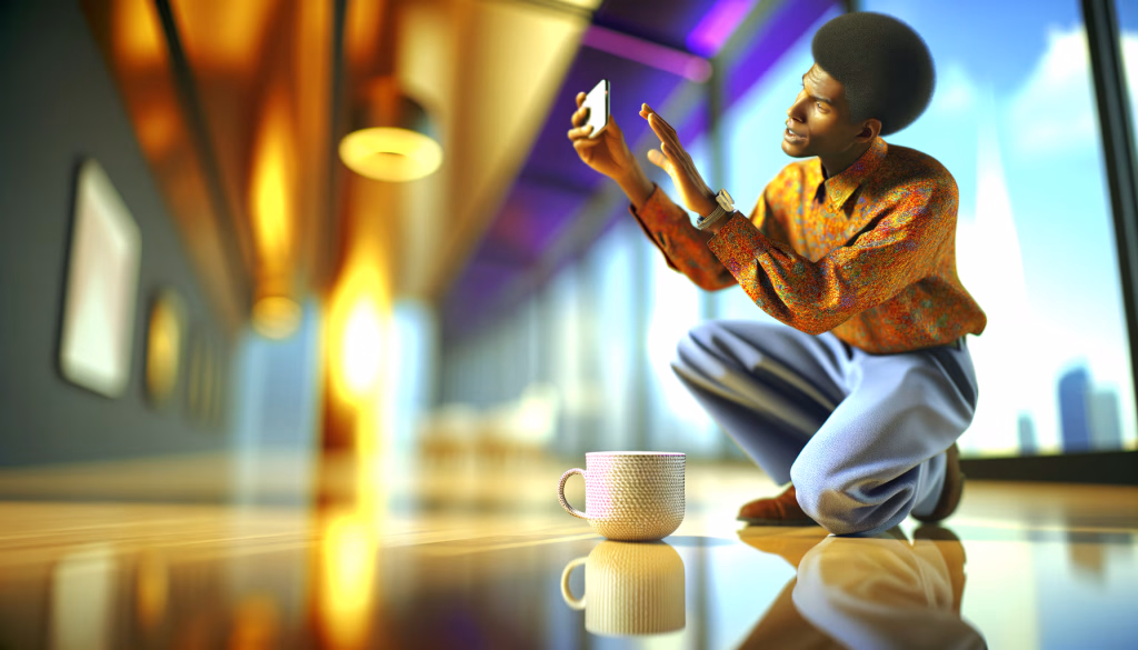 Vorschlag für den Text: Inmitten eines modernen und hellen Flurs, dessen glänzender Boden das warme Licht von oben reflektiert, hockt ein Mann mit einer auffälligen Afro-Frisur. Er trägt ein farbenfrohes, gemustertes Hemd und helle Hosen und hält konzentriert sein Smartphone waagerecht, um etwas zu fotografieren oder zu filmen. Mit seiner freien Hand gestikuliert er leicht, als würde er das Motiv ausrichten oder seinen Blickwinkel anpassen. Direkt vor ihm, auf dem spiegelnden Untergrund, steht eine elegante, hellbeige Tasse mit einer feinen Textur, deren Abbild sich makellos im Boden widerspiegelt. Die Szene fängt einen Moment intensiver kreativer Beschäftigung ein, bei der ein alltägliches Objekt in einem modernen Ambiente zum Mittelpunkt der Aufmerksamkeit wird. Alternativtext: Ein Mann mit Afro-Frisur hockt und fotografiert mit seinem Smartphone eine davor stehende, texturierte Tasse auf einem glänzenden Boden, während er mit der freien Hand gestikuliert.