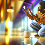 Vorschlag für den Text: Inmitten eines modernen und hellen Flurs, dessen glänzender Boden das warme Licht von oben reflektiert, hockt ein Mann mit einer auffälligen Afro-Frisur. Er trägt ein farbenfrohes, gemustertes Hemd und helle Hosen und hält konzentriert sein Smartphone waagerecht, um etwas zu fotografieren oder zu filmen. Mit seiner freien Hand gestikuliert er leicht, als würde er das Motiv ausrichten oder seinen Blickwinkel anpassen. Direkt vor ihm, auf dem spiegelnden Untergrund, steht eine elegante, hellbeige Tasse mit einer feinen Textur, deren Abbild sich makellos im Boden widerspiegelt. Die Szene fängt einen Moment intensiver kreativer Beschäftigung ein, bei der ein alltägliches Objekt in einem modernen Ambiente zum Mittelpunkt der Aufmerksamkeit wird. Alternativtext: Ein Mann mit Afro-Frisur hockt und fotografiert mit seinem Smartphone eine davor stehende, texturierte Tasse auf einem glänzenden Boden, während er mit der freien Hand gestikuliert.